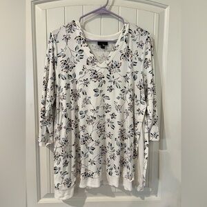 J. Jill V-Neck Floral Long Sleeve Top - White and Blue